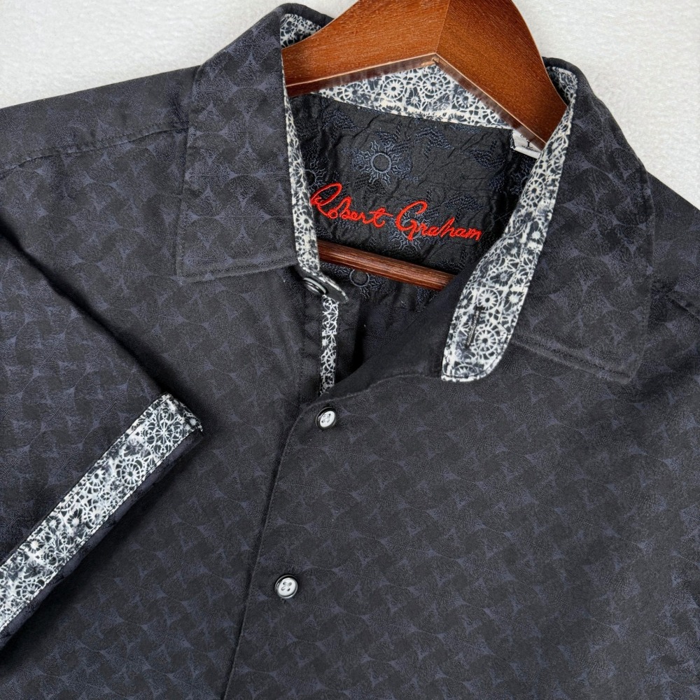 Robert Graham Button Up Shirt Mens L Black S/S Classic Fit Jacquard Maximalism